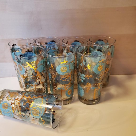 Set of 4 Vtg Dominion MCM Highball Tumbler Asian Turquoise Gold Drinking Glasses - Picture 15 of 15